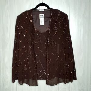 R & M Richards 2 Piece Blouses and Jacket Brown Embellished Size 18 Lined